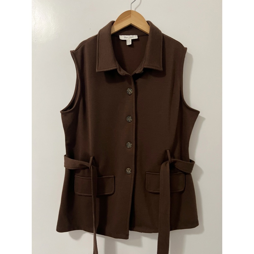 Haven + Blair London Brown Button Front Belted Utility Vest XL Sleeveless Jacket